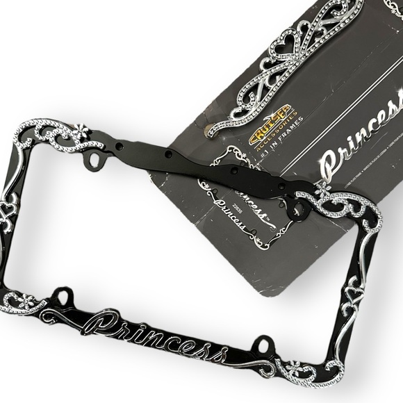 Black & Chrome Princess License Plate Frame & Diamond Bling Fasteners New - Picture 5 of 16